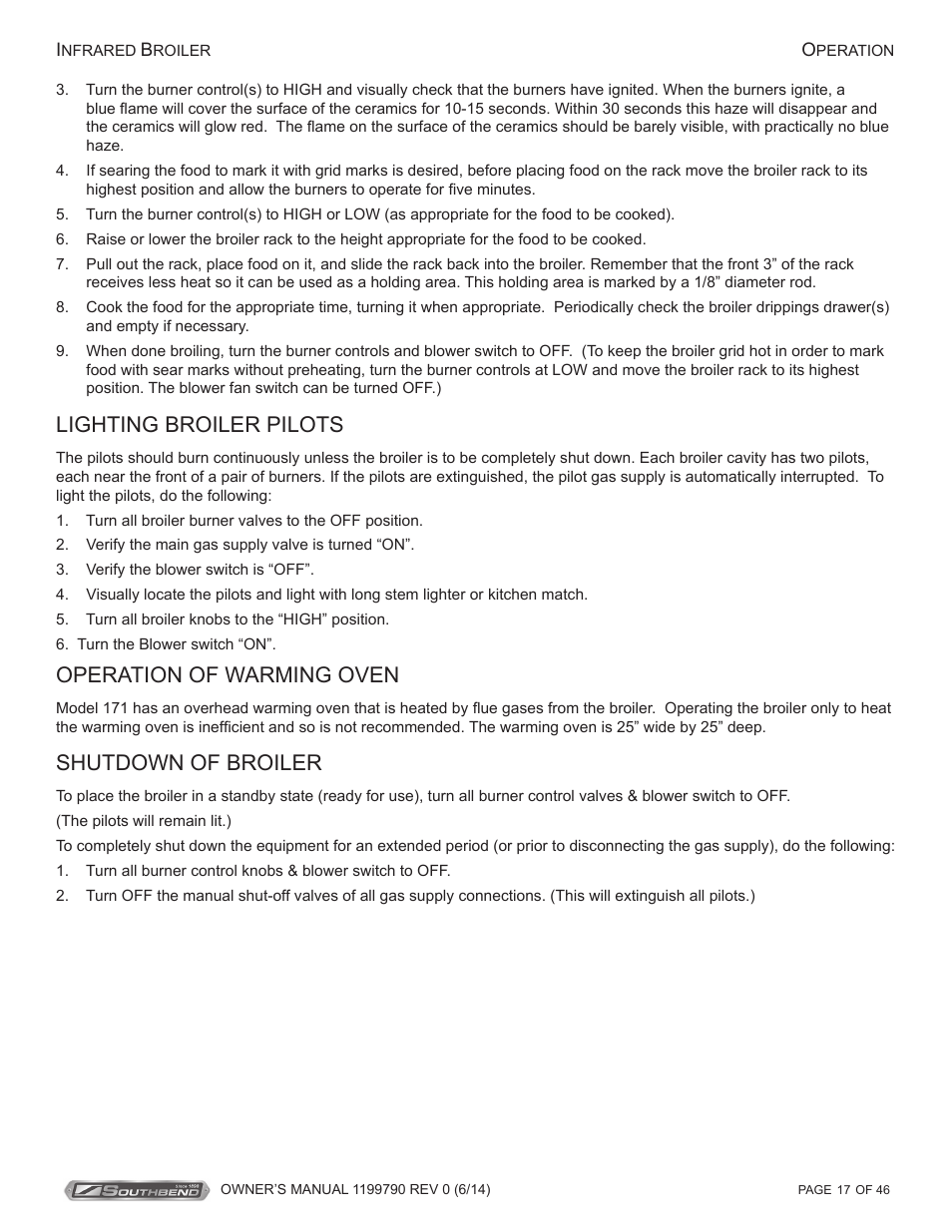 Lighting broiler pilots, Operation of warming oven, Shutdown of broiler | Southbend P32D-171 User Manual | Page 17 / 46
