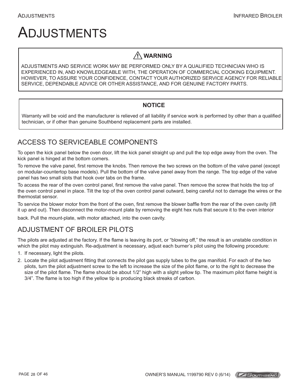 Djustments, Access to serviceable components, Adjustment of broiler pilots | Southbend P32D-171 User Manual | Page 28 / 46