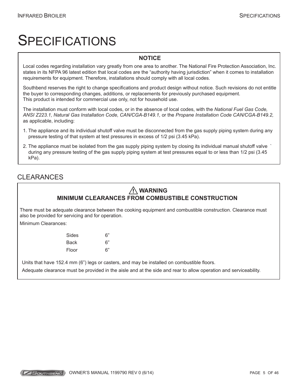 Pecifications, Clearances | Southbend P32D-171 User Manual | Page 5 / 46