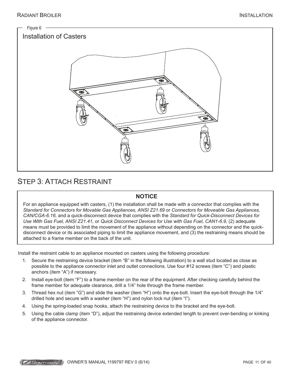 Installation of casters, Ttach, Estraint | Southbend P32D-3240 User Manual | Page 11 / 40