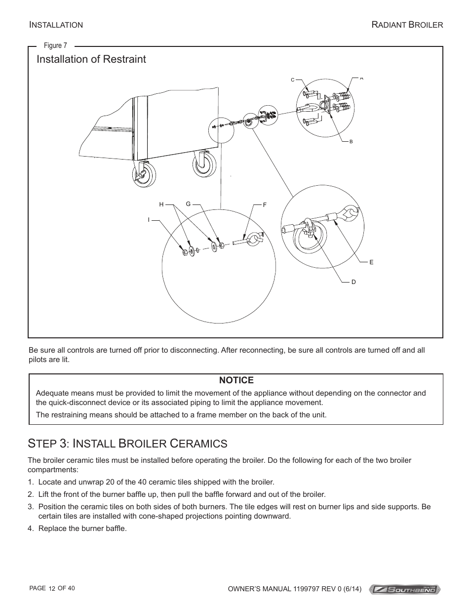 Installation of restraint, Nstall, Roiler | Eramics | Southbend P32D-3240 User Manual | Page 12 / 40