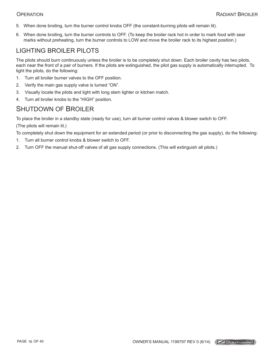 Lighting broiler pilots, Hutdown of, Roiler | Southbend P32D-3240 User Manual | Page 16 / 40