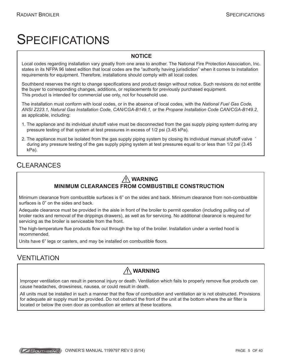 Pecifications, Learances, Entilation | Southbend P32D-3240 User Manual | Page 5 / 40