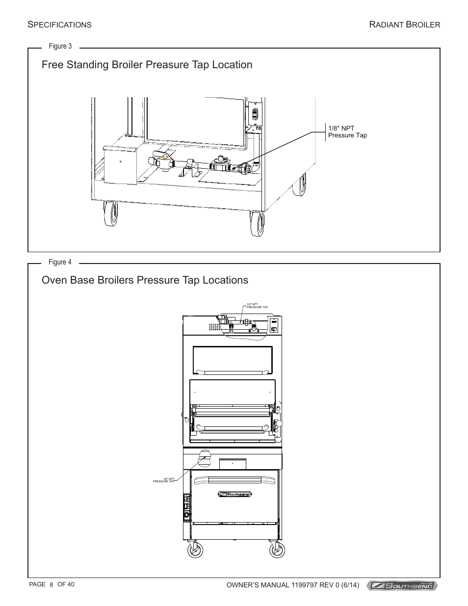 Free standing broiler preasure tap location, Oven base broilers pressure tap locations | Southbend P32D-3240 User Manual | Page 8 / 40