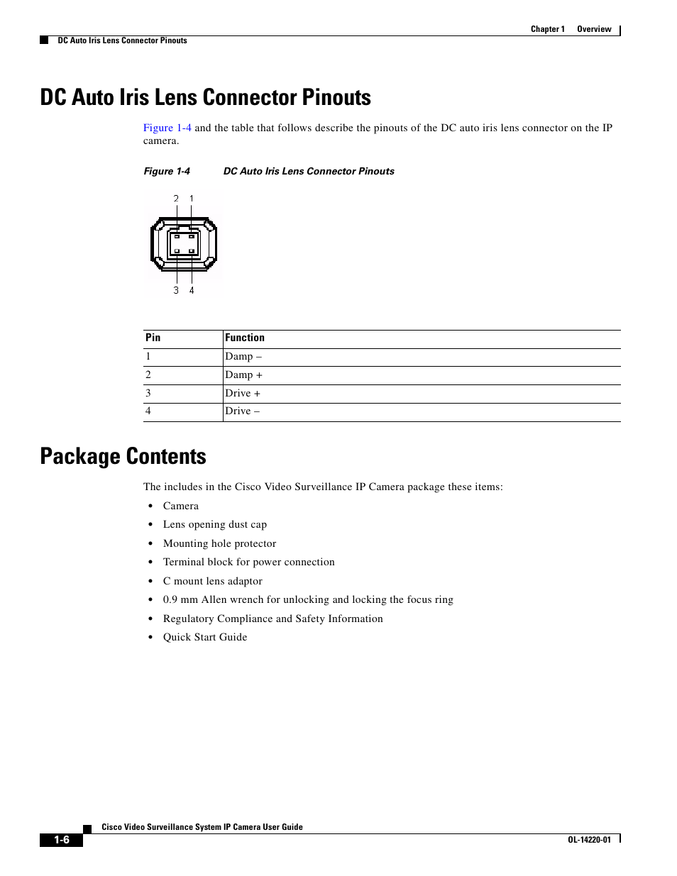 Dc auto iris lens connector pinouts, Package contents | Cisco CIVS-IPC-2500 User Manual | Page 12 / 82