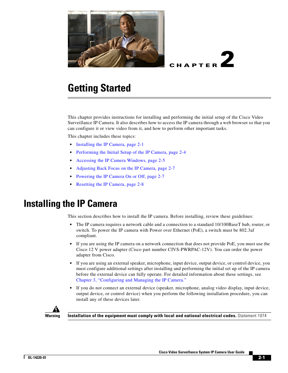Getting started, Installing the ip camera, C h a p t e r | Chapter 2, “getting started | Cisco CIVS-IPC-2500 User Manual | Page 13 / 82