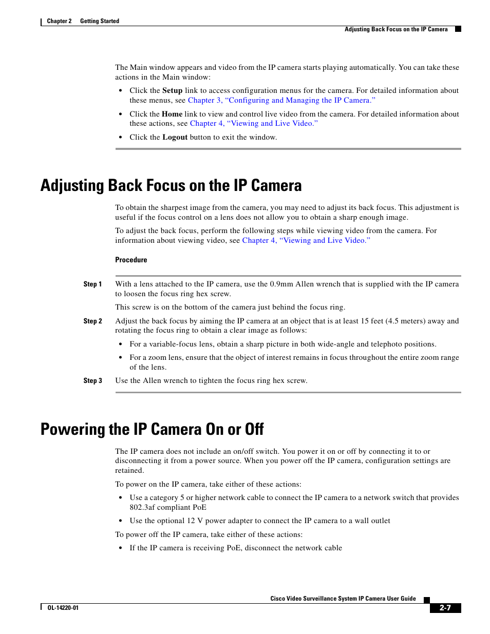 Adjusting back focus on the ip camera, Powering the ip camera on or off | Cisco CIVS-IPC-2500 User Manual | Page 19 / 82