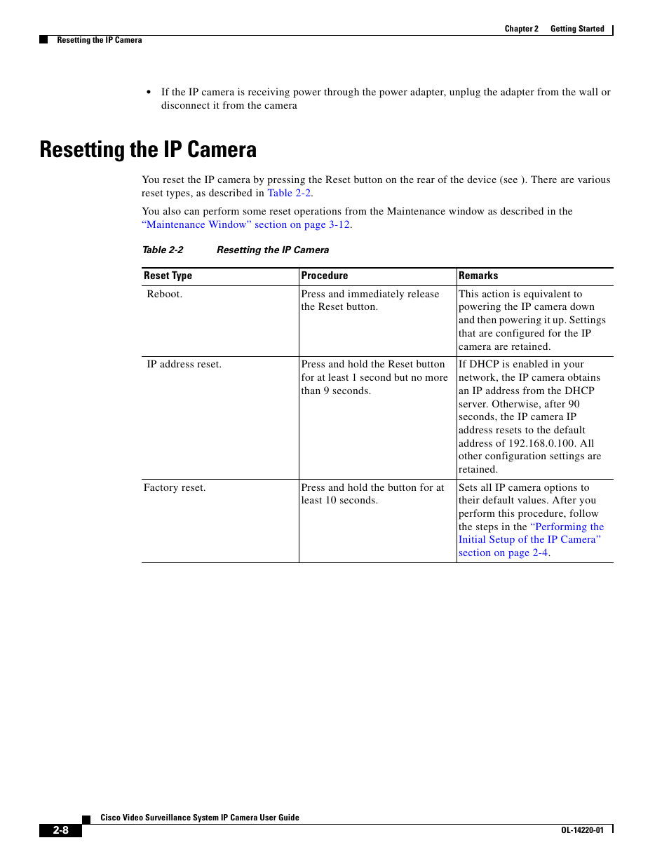 Resetting the ip camera | Cisco CIVS-IPC-2500 User Manual | Page 20 / 82
