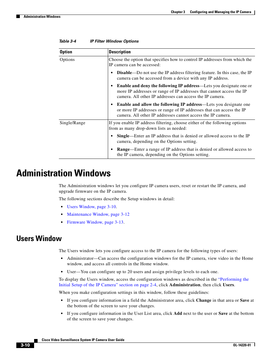 Administration windows, Users window, Users window” section | Cisco CIVS-IPC-2500 User Manual | Page 30 / 82