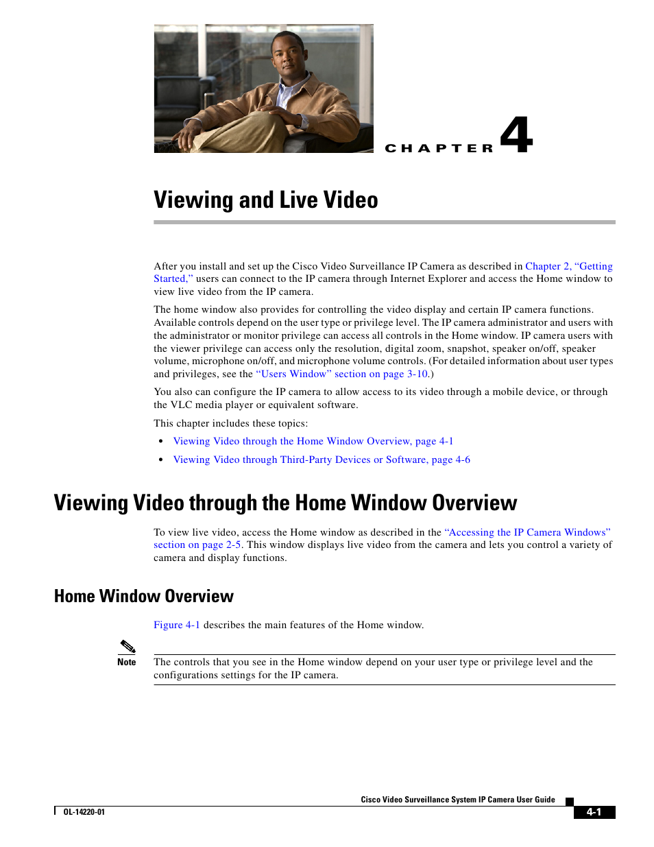 Viewing and live video, Viewing video through the home window overview, Home window overview | C h a p t e r, Chapter 4, “viewing and live video | Cisco CIVS-IPC-2500 User Manual | Page 59 / 82