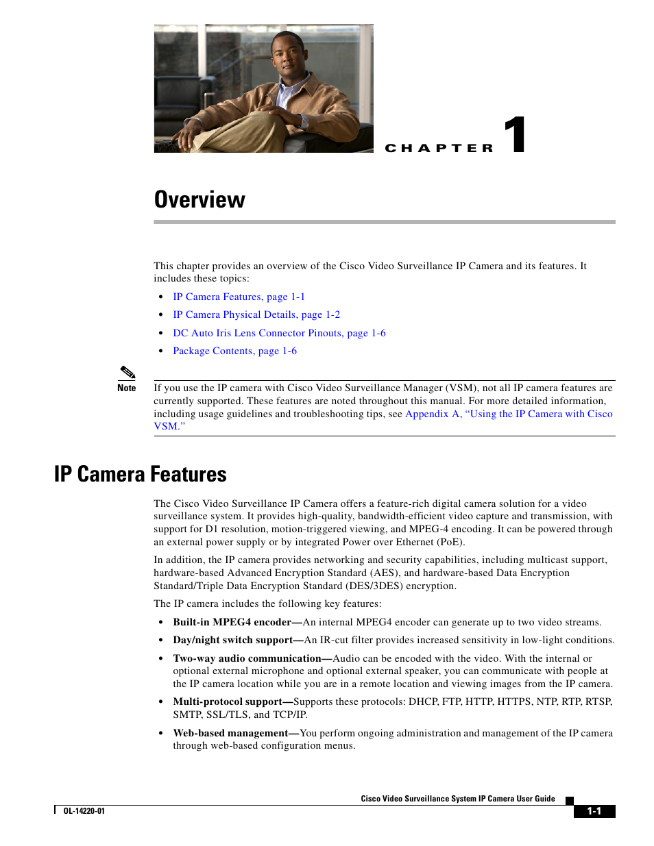 Overview, Ip camera features, C h a p t e r | Chapter 1, “overview | Cisco CIVS-IPC-2500 User Manual | Page 7 / 82
