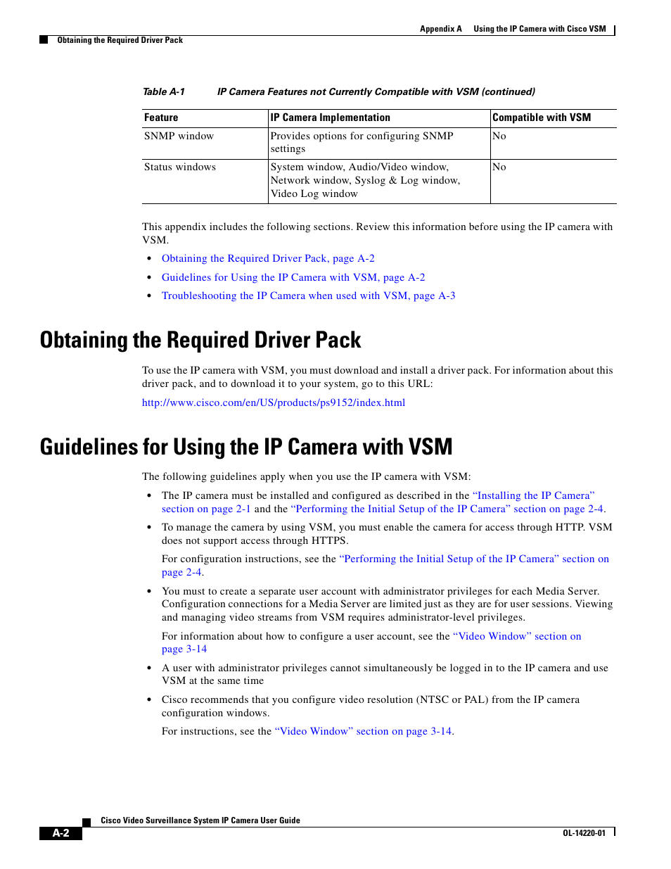 Obtaining the required driver pack, Guidelines for using the ip camera with vsm | Cisco CIVS-IPC-2500 User Manual | Page 70 / 82