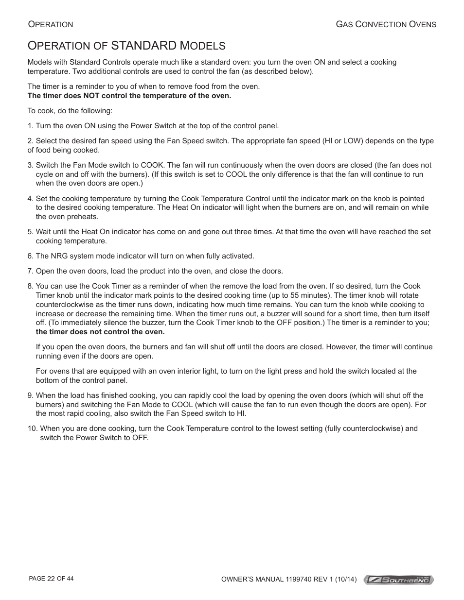 Standard, Peration of, Odels | Southbend SL-Series User Manual | Page 22 / 44