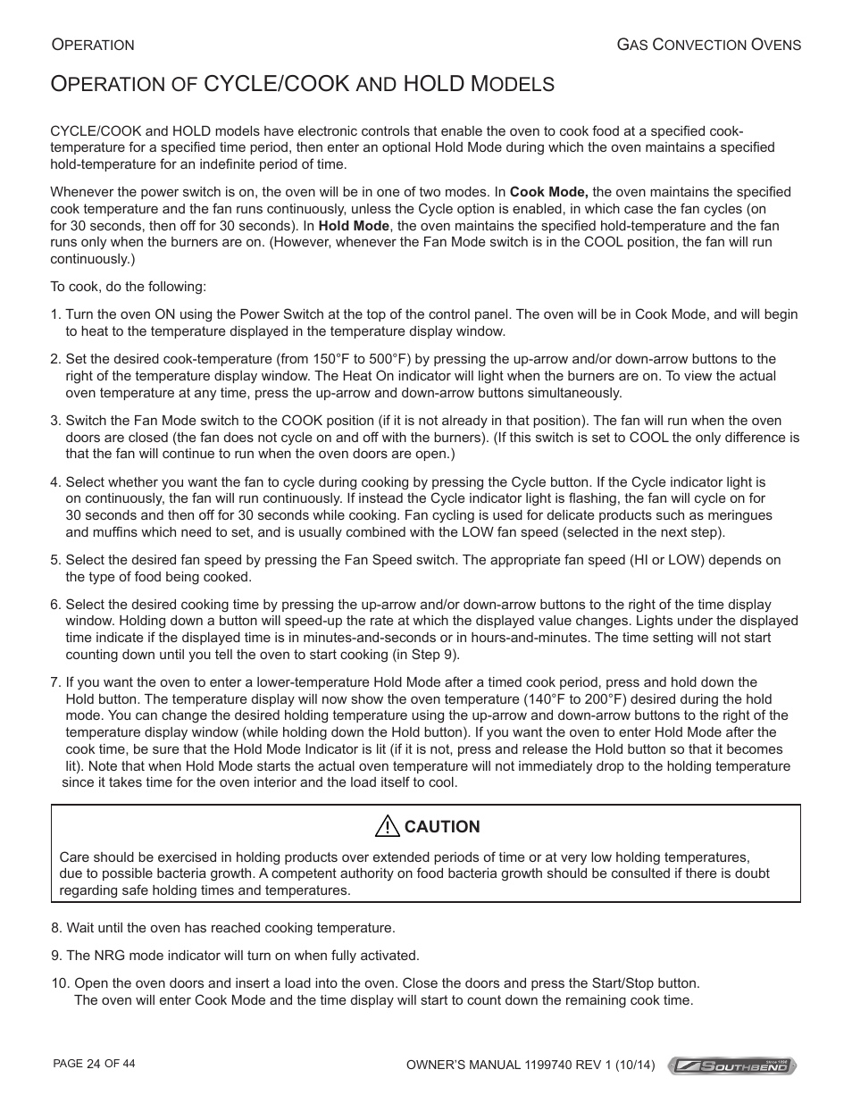 Cycle/cook, Hold, Peration of | Odels | Southbend SL-Series User Manual | Page 24 / 44