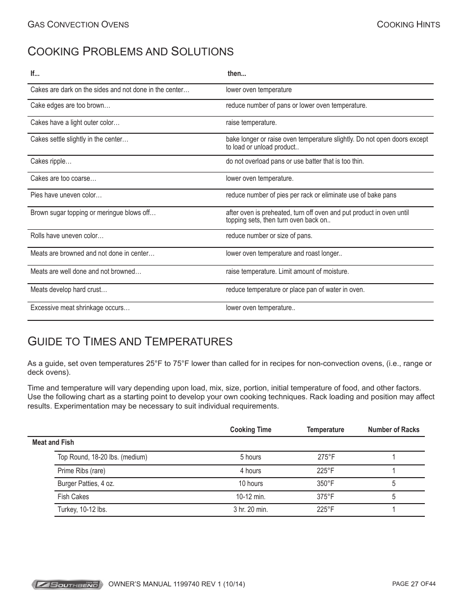 Uide to, Imes and, Emperatures | Ooking, Roblems and, Olutions | Southbend SL-Series User Manual | Page 27 / 44