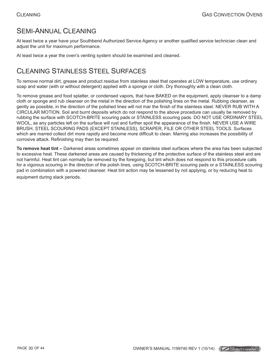 Nnual, Leaning, Tainless | Teel, Urfaces | Southbend SL-Series User Manual | Page 30 / 44