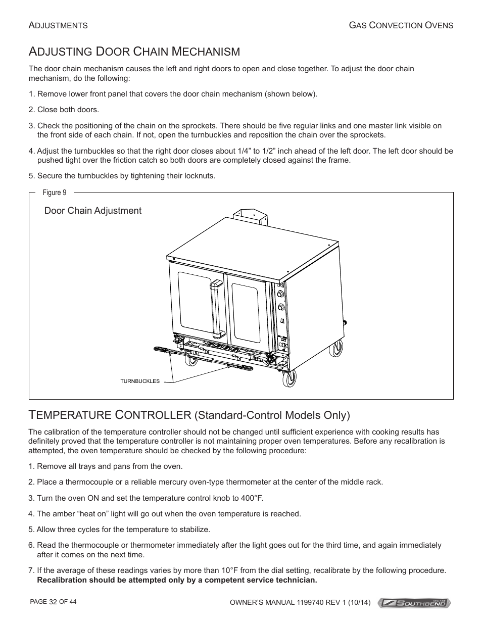 Djusting, Hain, Echanism | Emperature, Ontroller (standard-control models only) | Southbend SL-Series User Manual | Page 32 / 44