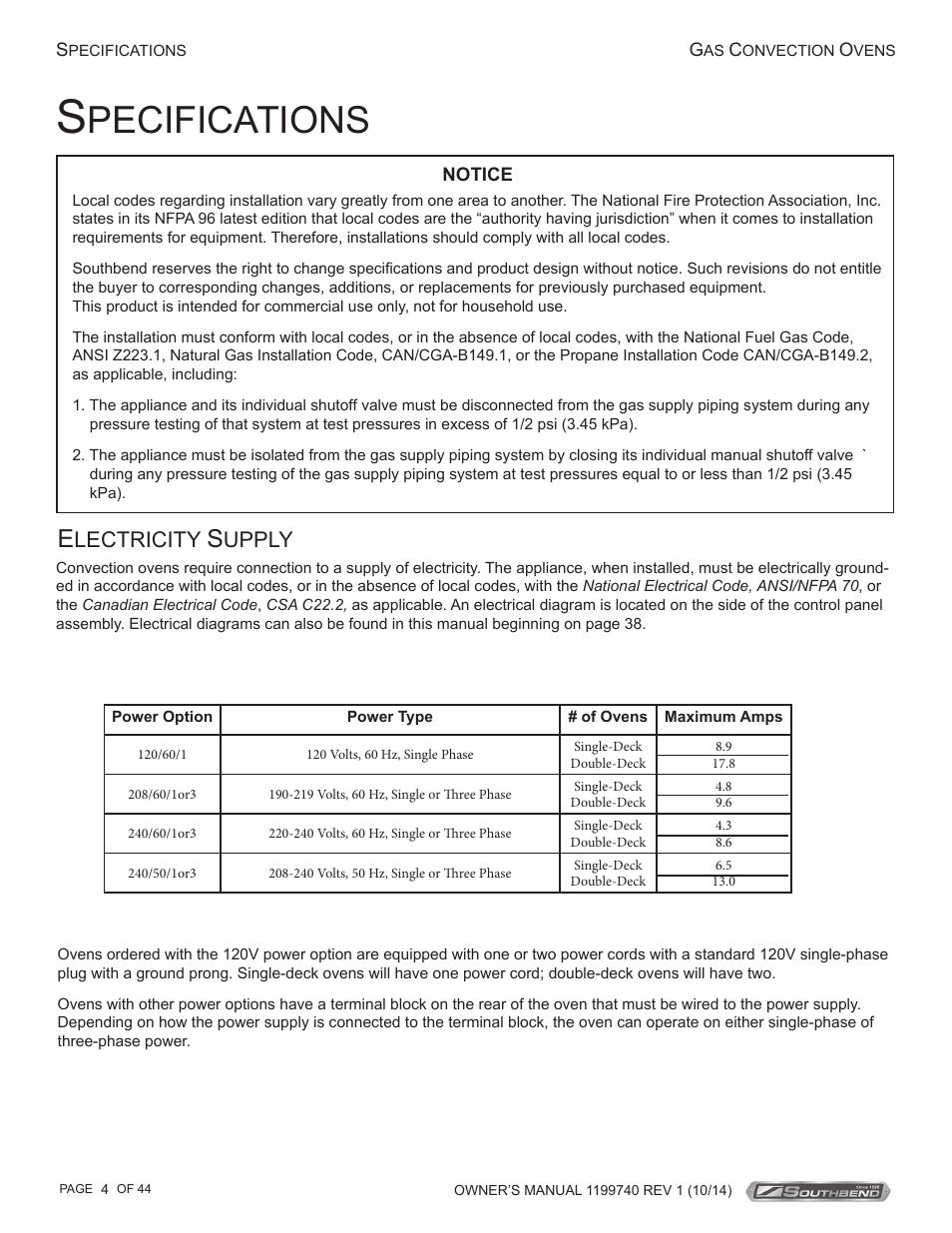 Pecifications, Lectricity, Upply | Southbend SL-Series User Manual | Page 4 / 44