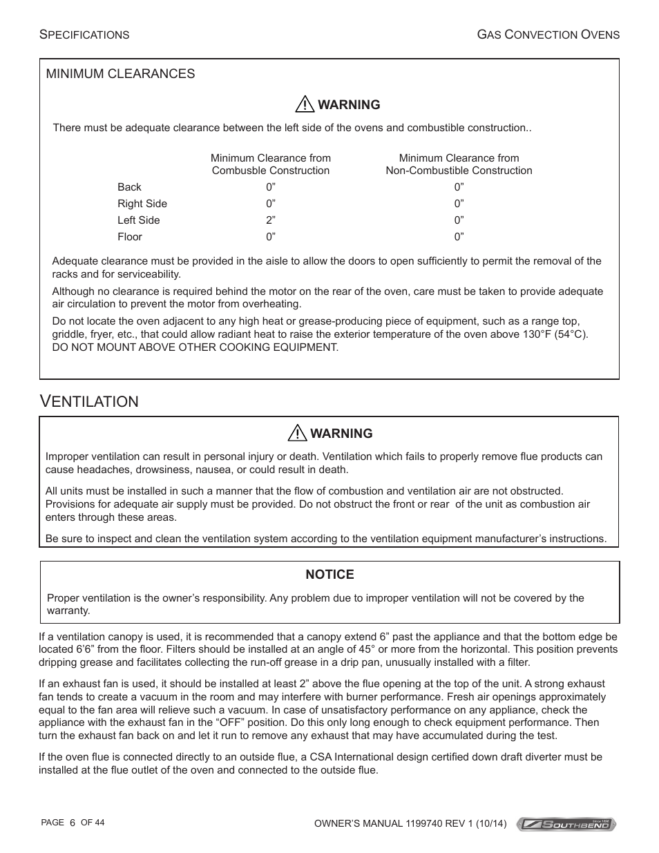 Entilation | Southbend SL-Series User Manual | Page 6 / 44