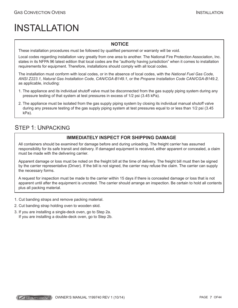 Nstallation, Npacking | Southbend SL-Series User Manual | Page 7 / 44