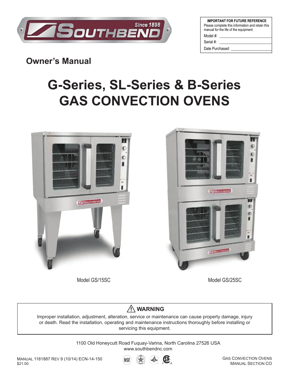 Southbend B-Series User Manual | 44 pages