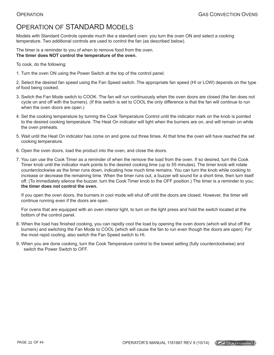 Standard, Peration of, Odels | Southbend B-Series User Manual | Page 22 / 44