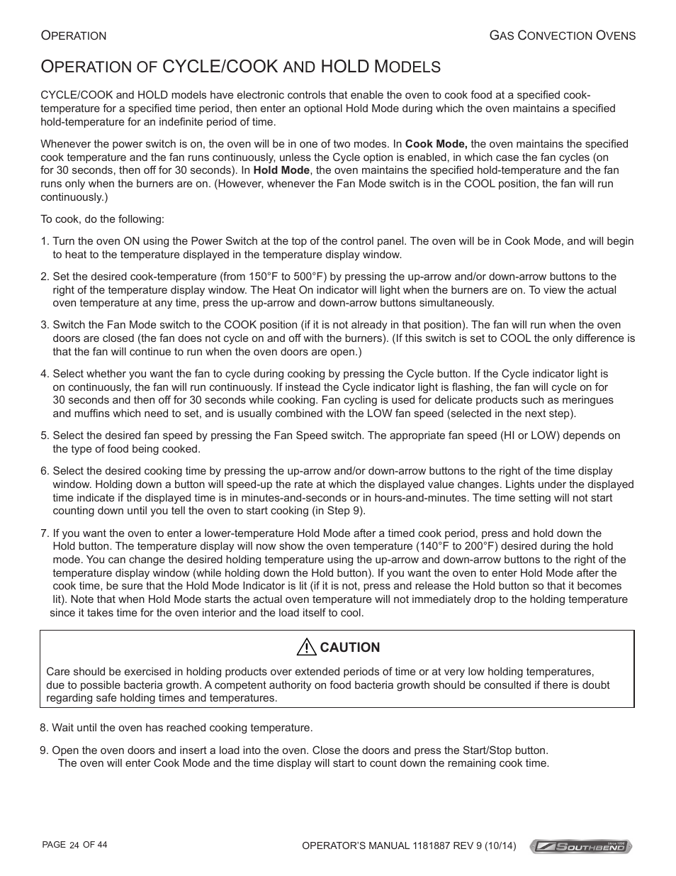 Cycle/cook, Hold, Peration of | Odels | Southbend B-Series User Manual | Page 24 / 44