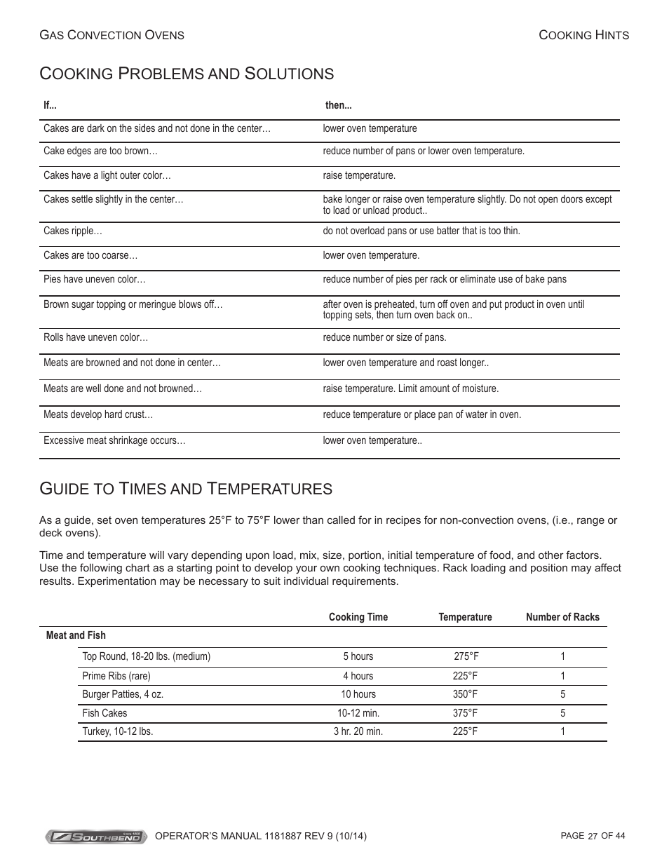 Uide to, Imes and, Emperatures | Ooking, Roblems and, Olutions | Southbend B-Series User Manual | Page 27 / 44