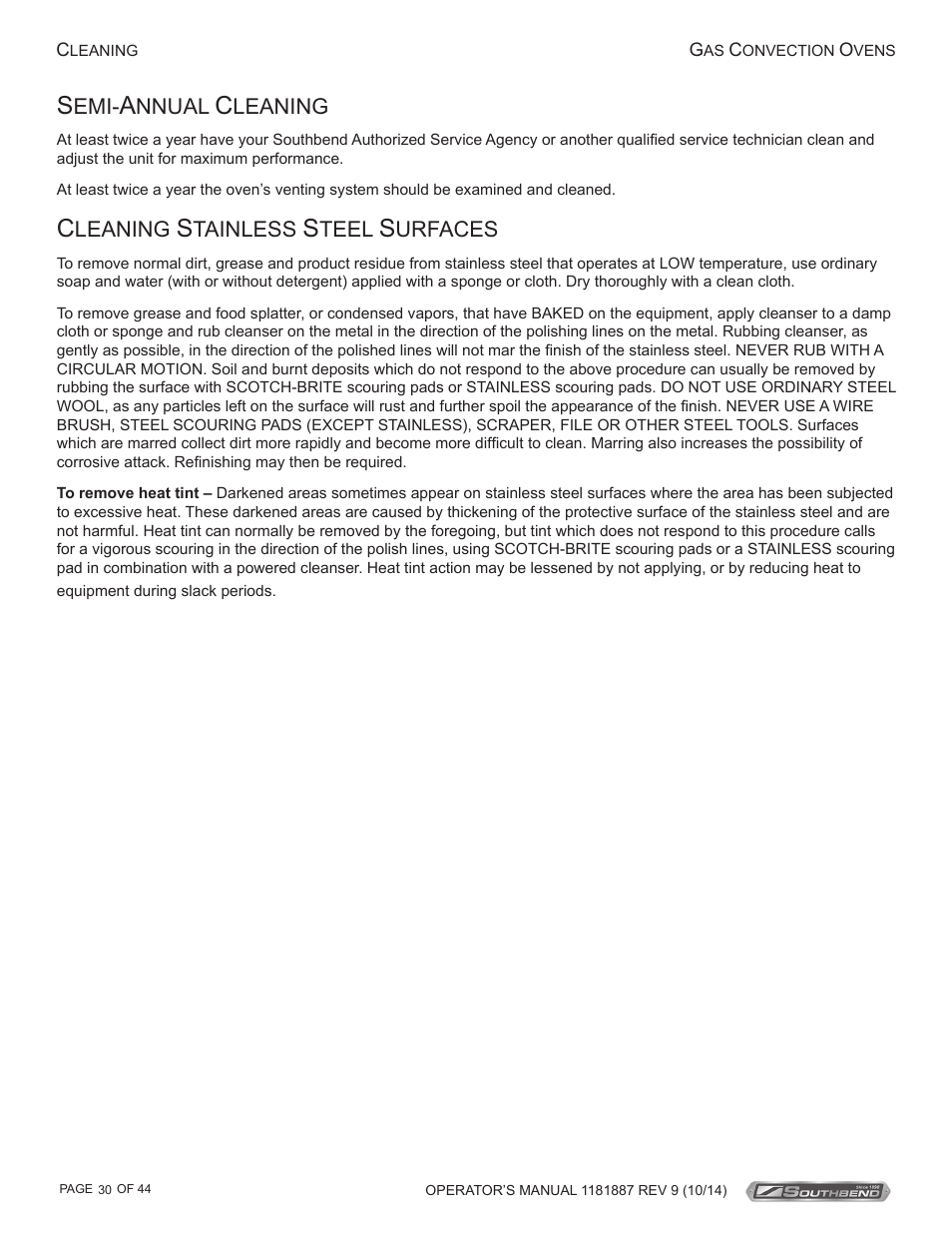 Nnual, Leaning, Tainless | Teel, Urfaces | Southbend B-Series User Manual | Page 30 / 44
