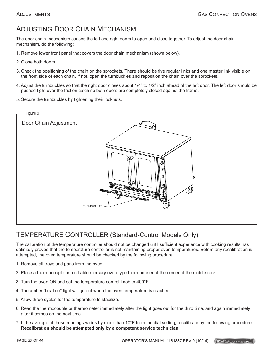 Djusting, Hain, Echanism | Emperature, Ontroller (standard-control models only) | Southbend B-Series User Manual | Page 32 / 44