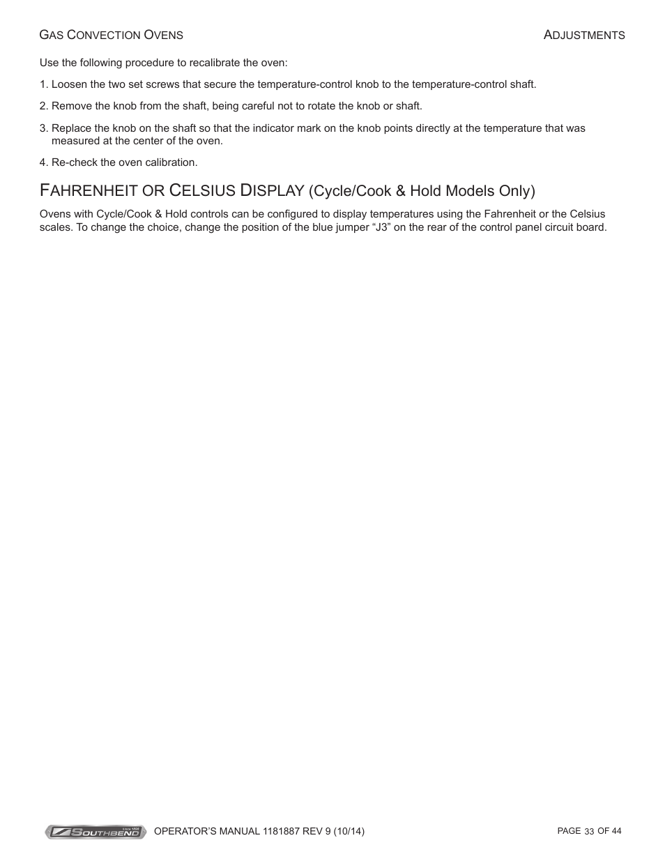 Ahrenheit or, Elsius, Isplay (cycle/cook & hold models only) | Southbend B-Series User Manual | Page 33 / 44