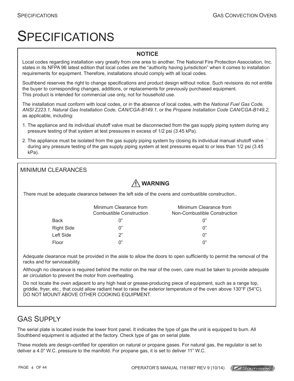 Pecifications, Upply | Southbend B-Series User Manual | Page 4 / 44