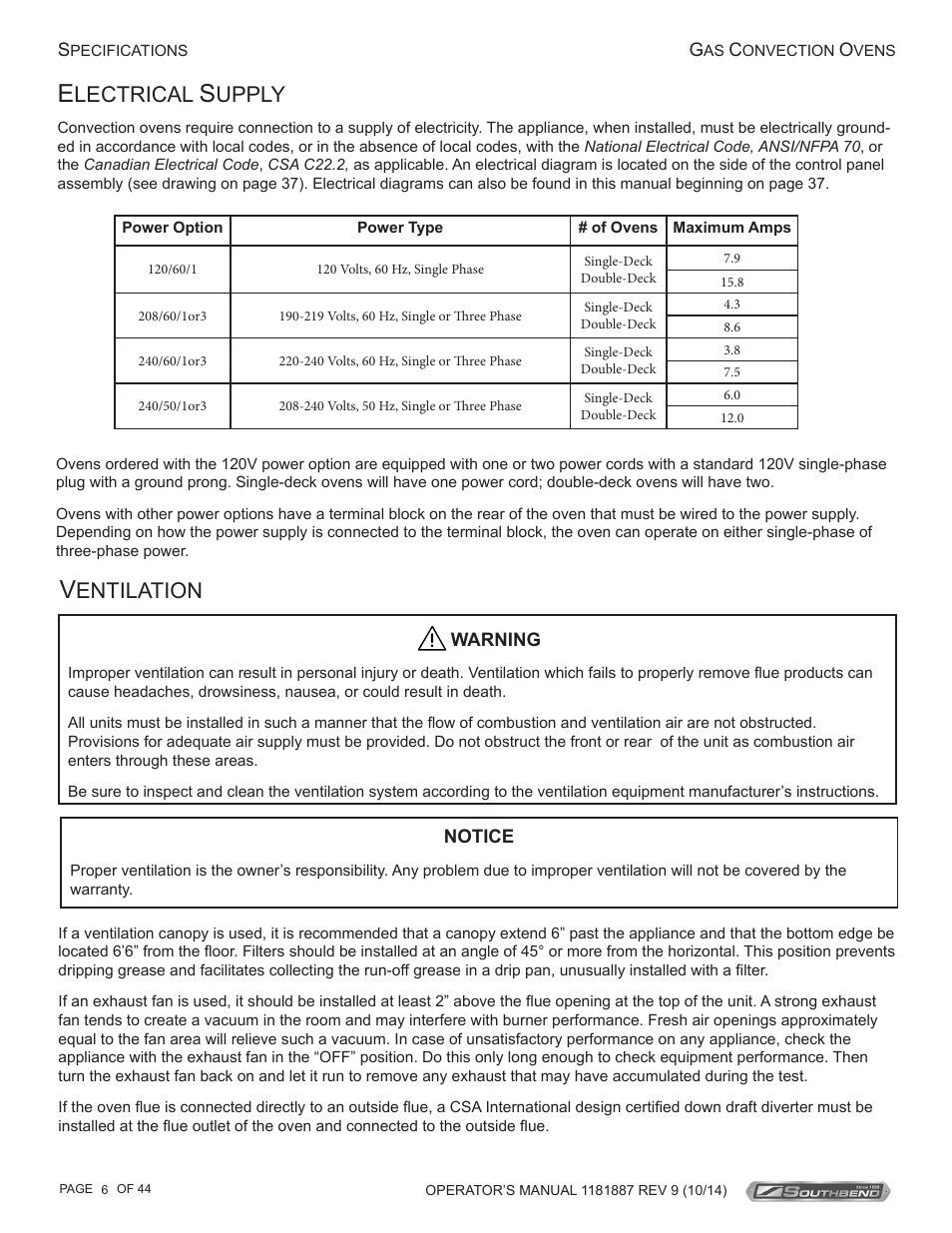 Entilation, Lectrical, Upply | Southbend B-Series User Manual | Page 6 / 44