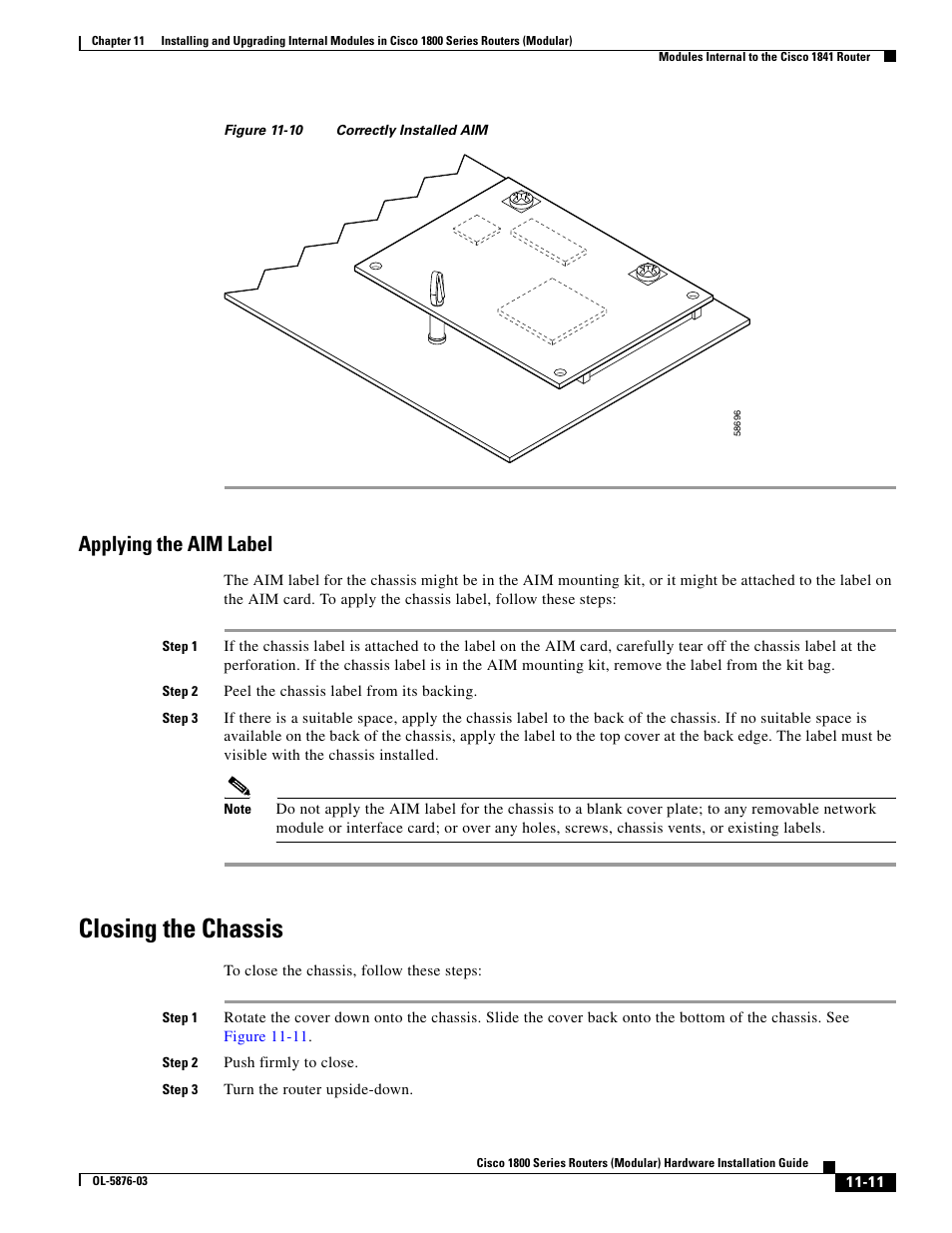 Applying the aim label, Closing the chassis, Closing the chassis” section on | Cisco 1800 Series User Manual | Page 11 / 12