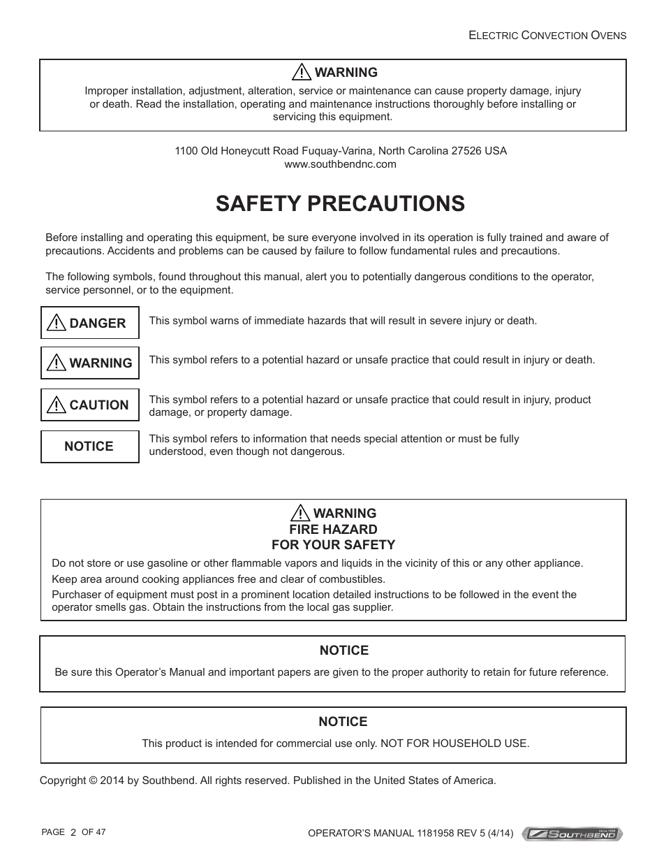 Safety precautions | Southbend SL-Series User Manual | Page 2 / 47