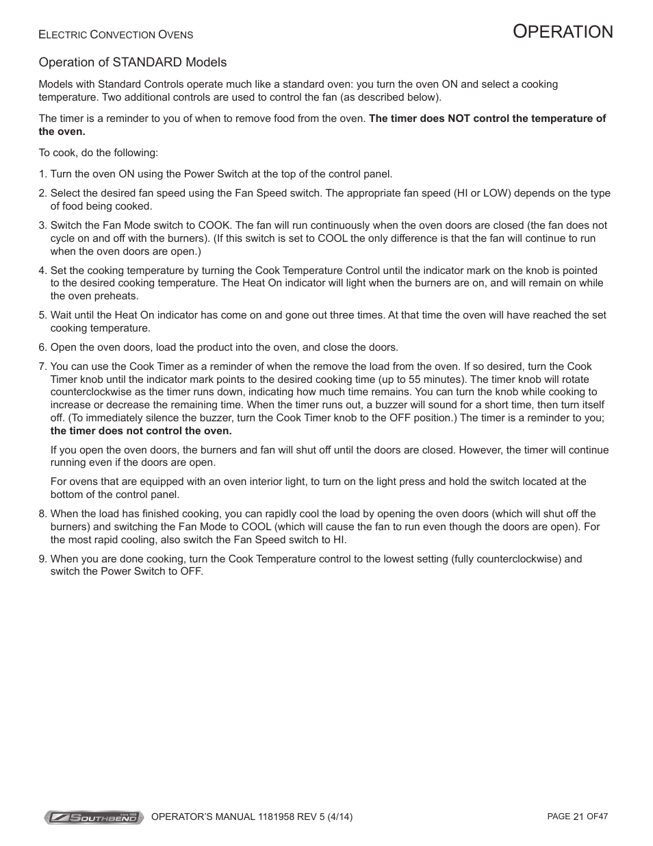 Peration | Southbend SL-Series User Manual | Page 21 / 47