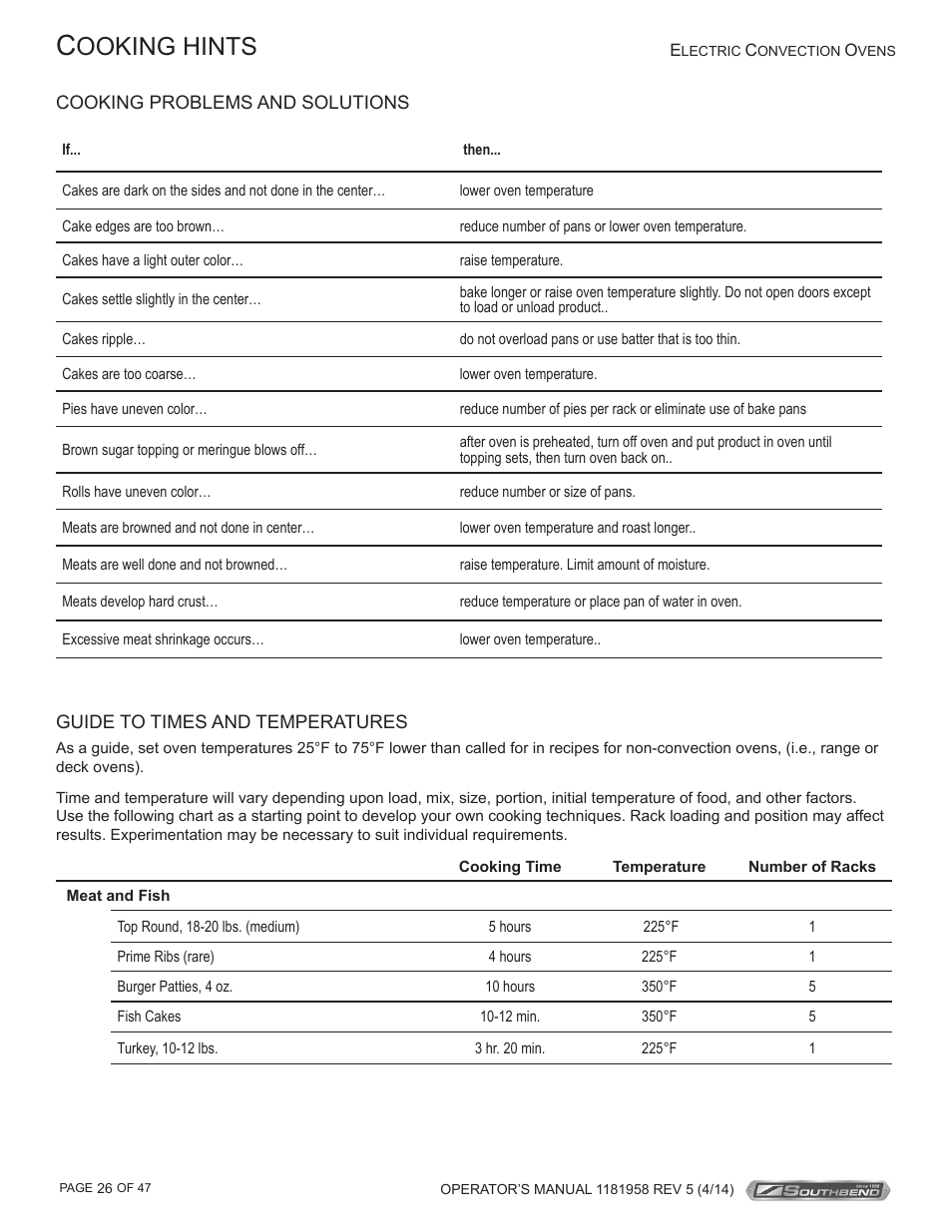 Ooking hints | Southbend SL-Series User Manual | Page 26 / 47