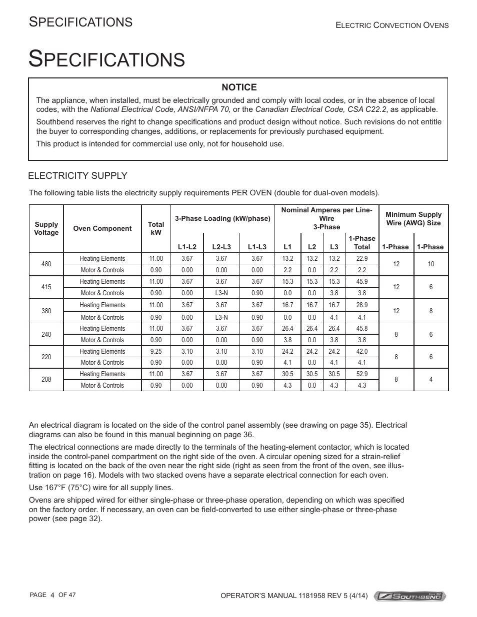 Pecifications | Southbend SL-Series User Manual | Page 4 / 47