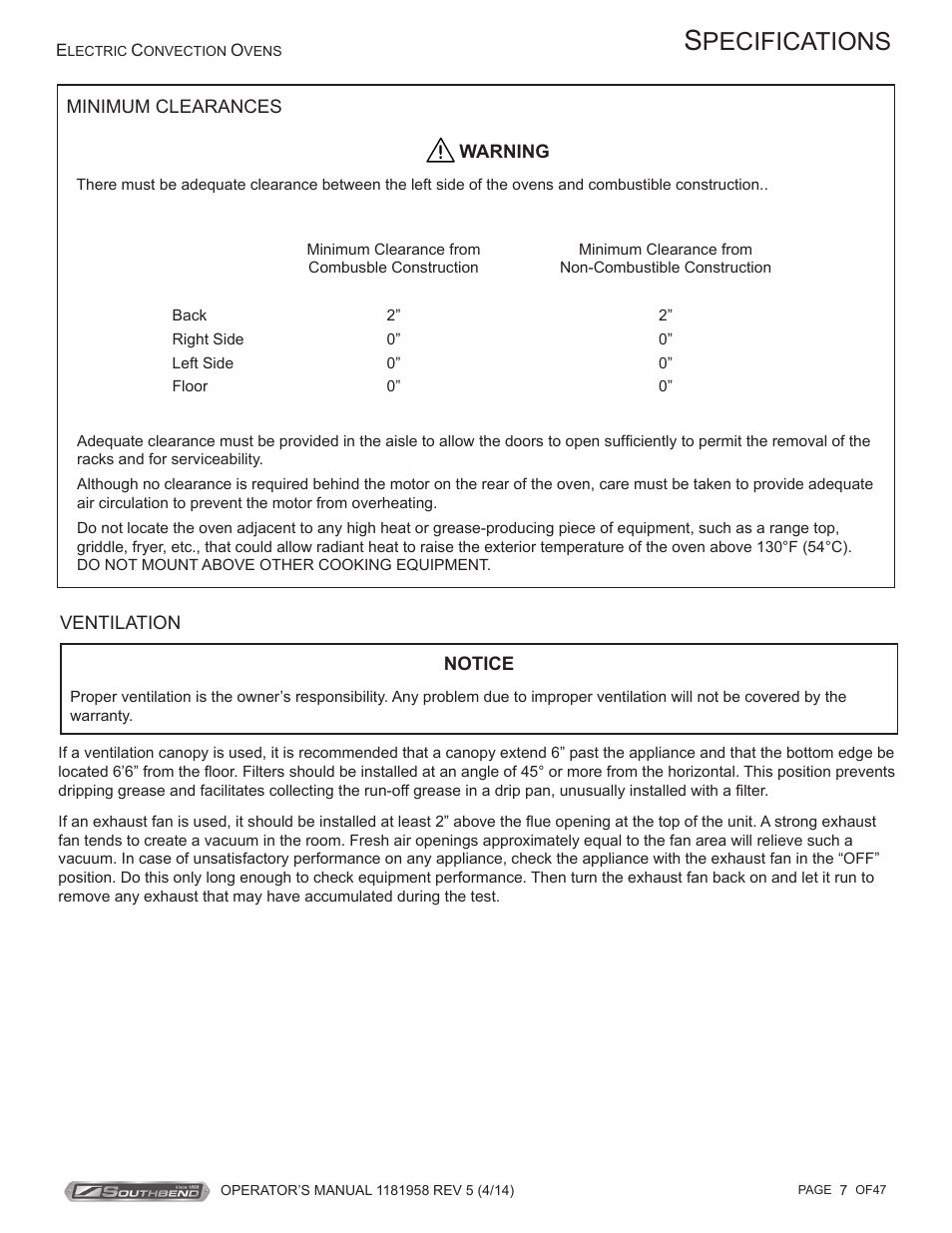 Pecifications | Southbend SL-Series User Manual | Page 7 / 47