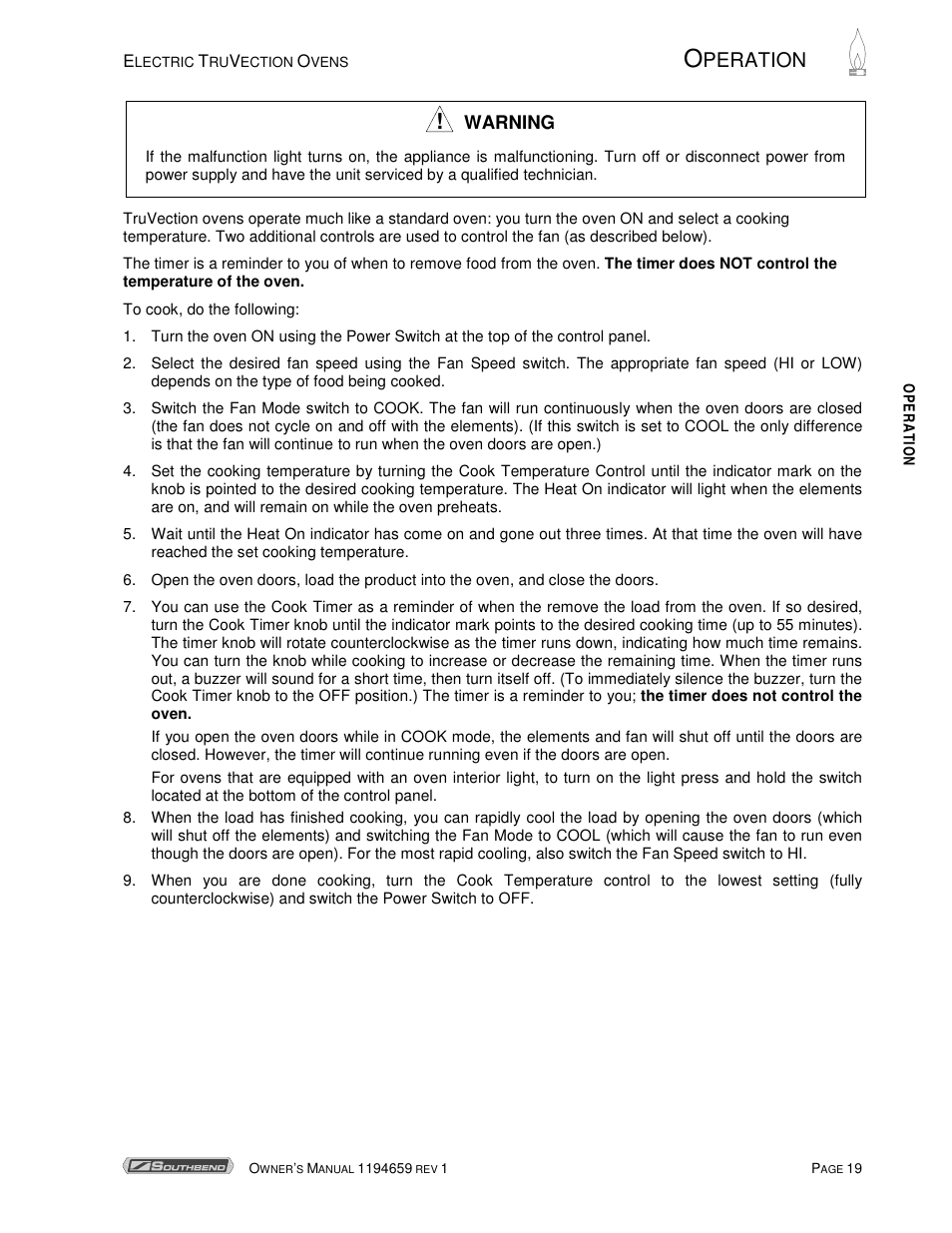 Peration | Southbend TVES-30SC User Manual | Page 19 / 37