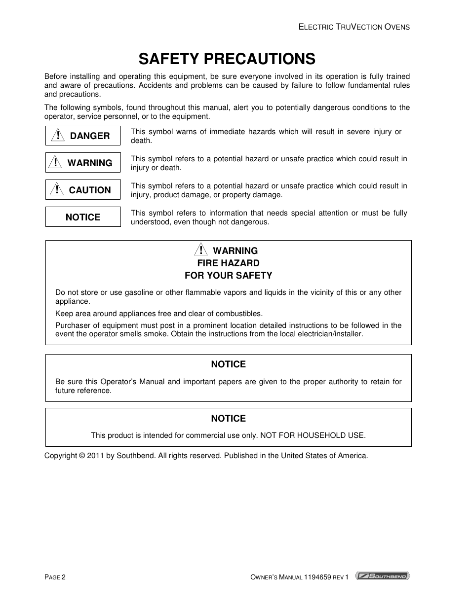 Safety precautions | Southbend TVES-30SC User Manual | Page 2 / 37