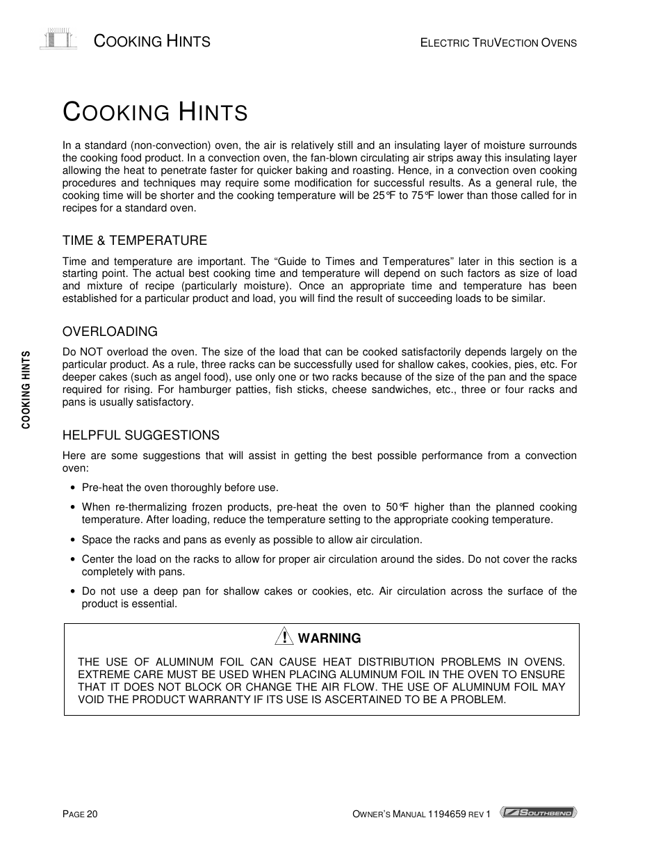 Ooking, Ints | Southbend TVES-30SC User Manual | Page 20 / 37