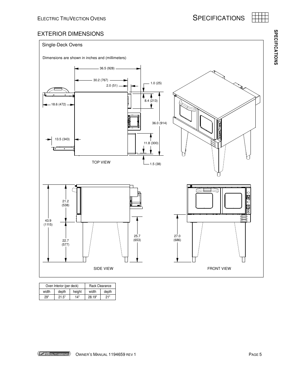 Pecifications, Exterior dimensions | Southbend TVES-30SC User Manual | Page 5 / 37