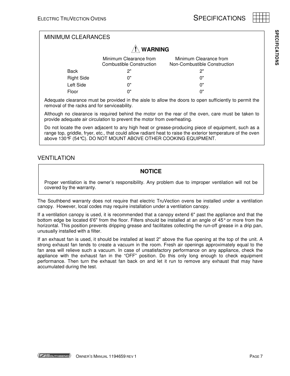 Pecifications | Southbend TVES-30SC User Manual | Page 7 / 37