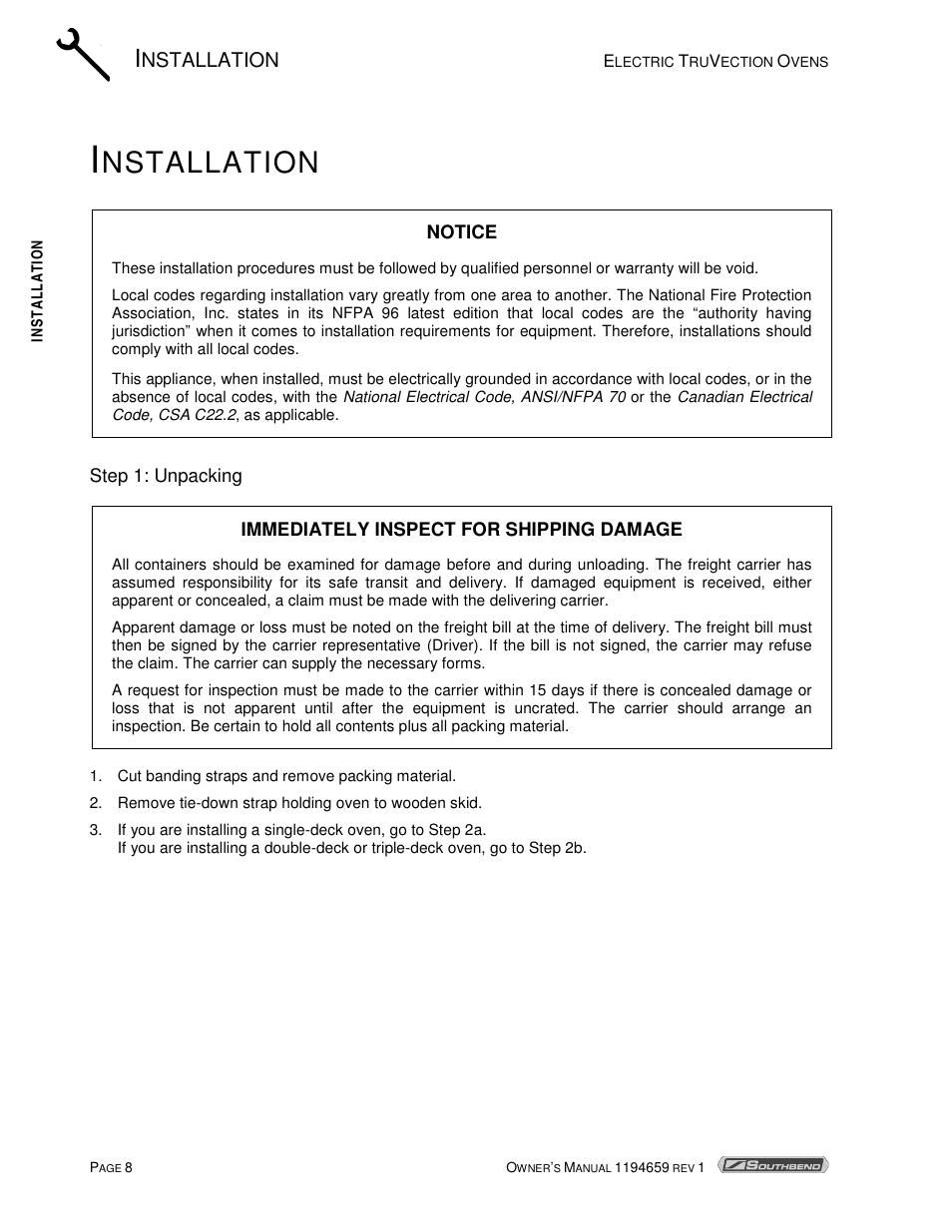 Nstallation | Southbend TVES-30SC User Manual | Page 8 / 37