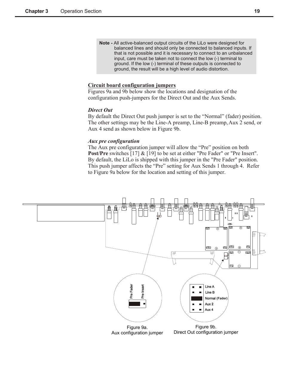 Ch 3, Figure 9a. aux configuration jumper, Line a | Pre fa der pre fa der pre ins ert pre ins ert | Speck Electronics LiLo User Manual | Page 23 / 38