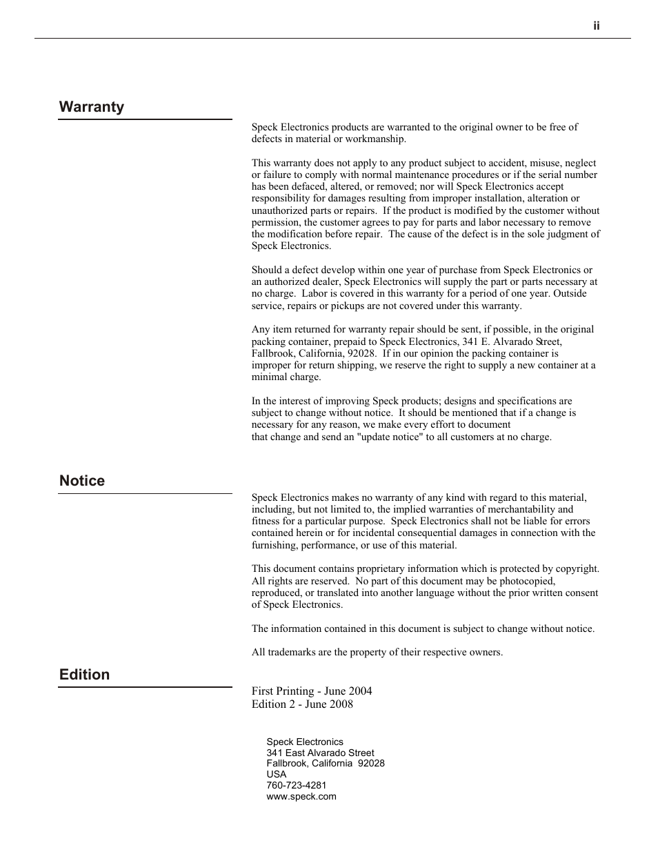 Warranty notice edition | Speck Electronics LiLo User Manual | Page 3 / 38