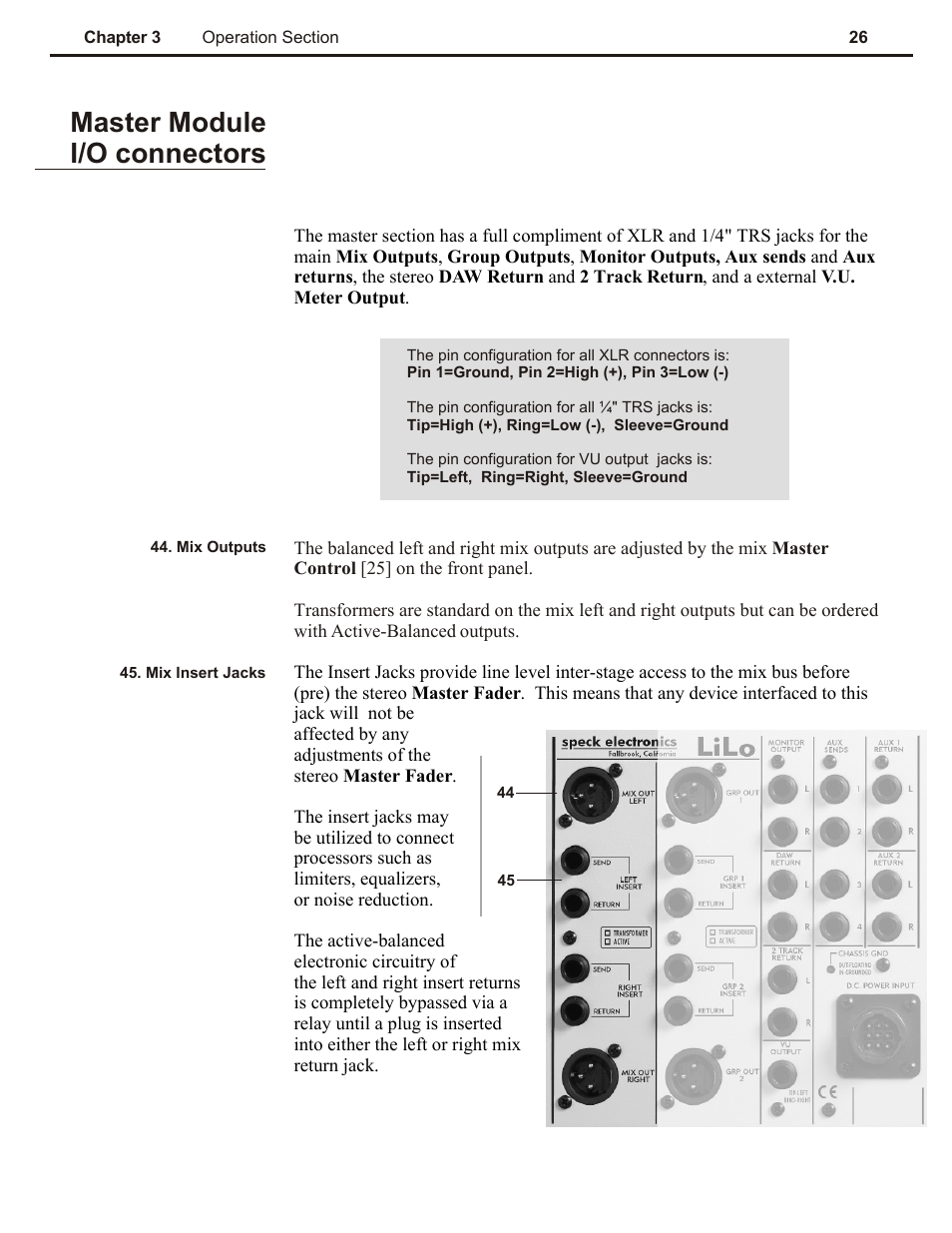 Ch 3, Master module i/o connectors | Speck Electronics LiLo User Manual | Page 30 / 38