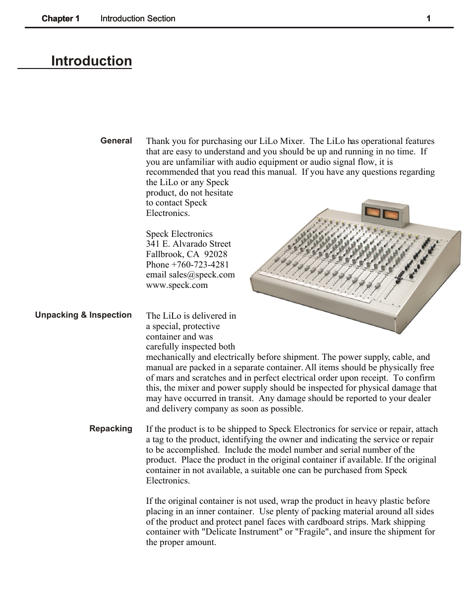 Ch 1, Introduction | Speck Electronics LiLo User Manual | Page 5 / 38