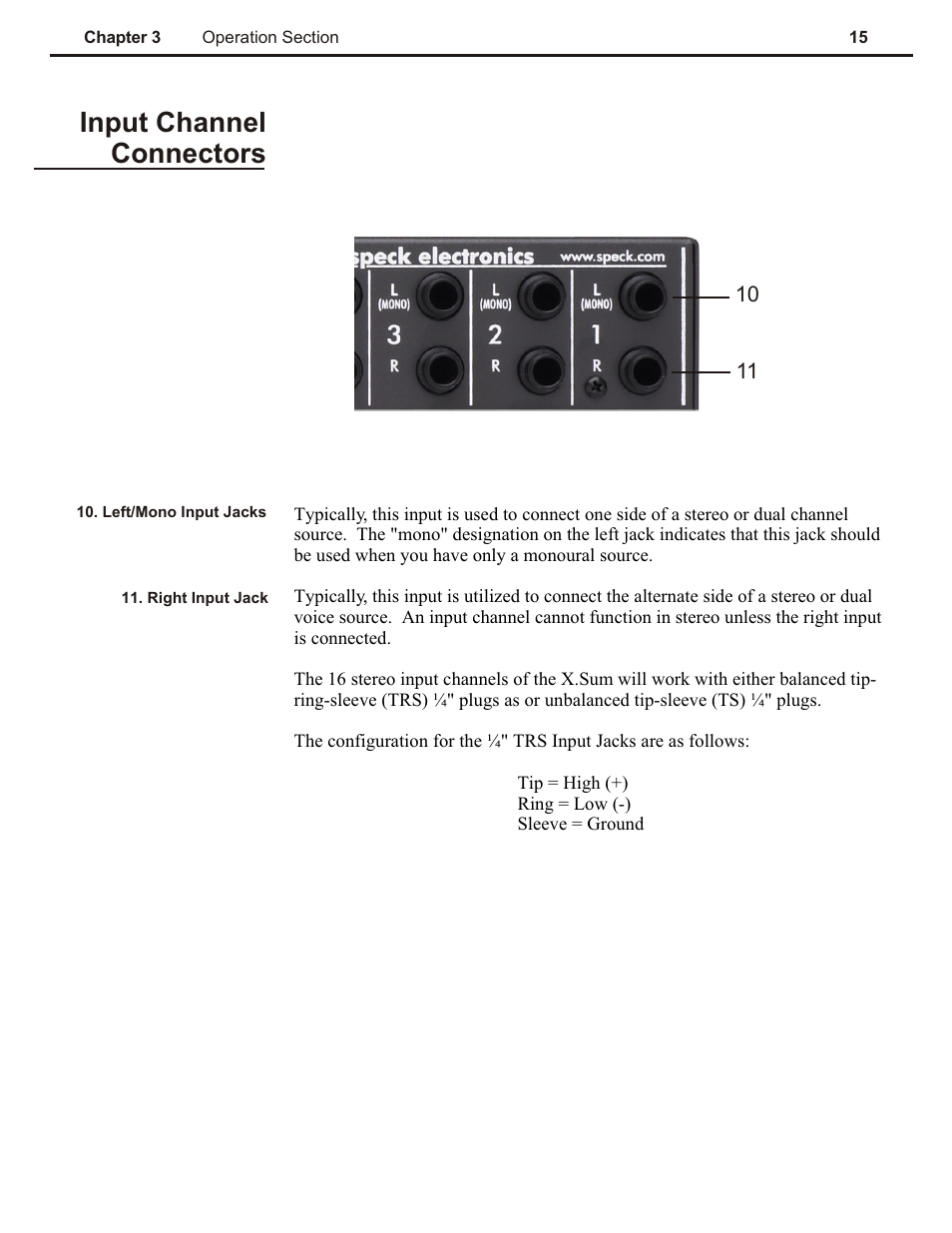 Ch 3, Input channel connectors | Speck Electronics X.Sum User Manual | Page 19 / 26